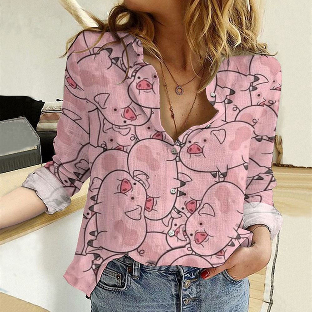 Women Casual Shirt, Cotton And Linen Farm Animal Pink Pig 3D Casual Shirt, Casual Shirt, Casual Shirts For Women