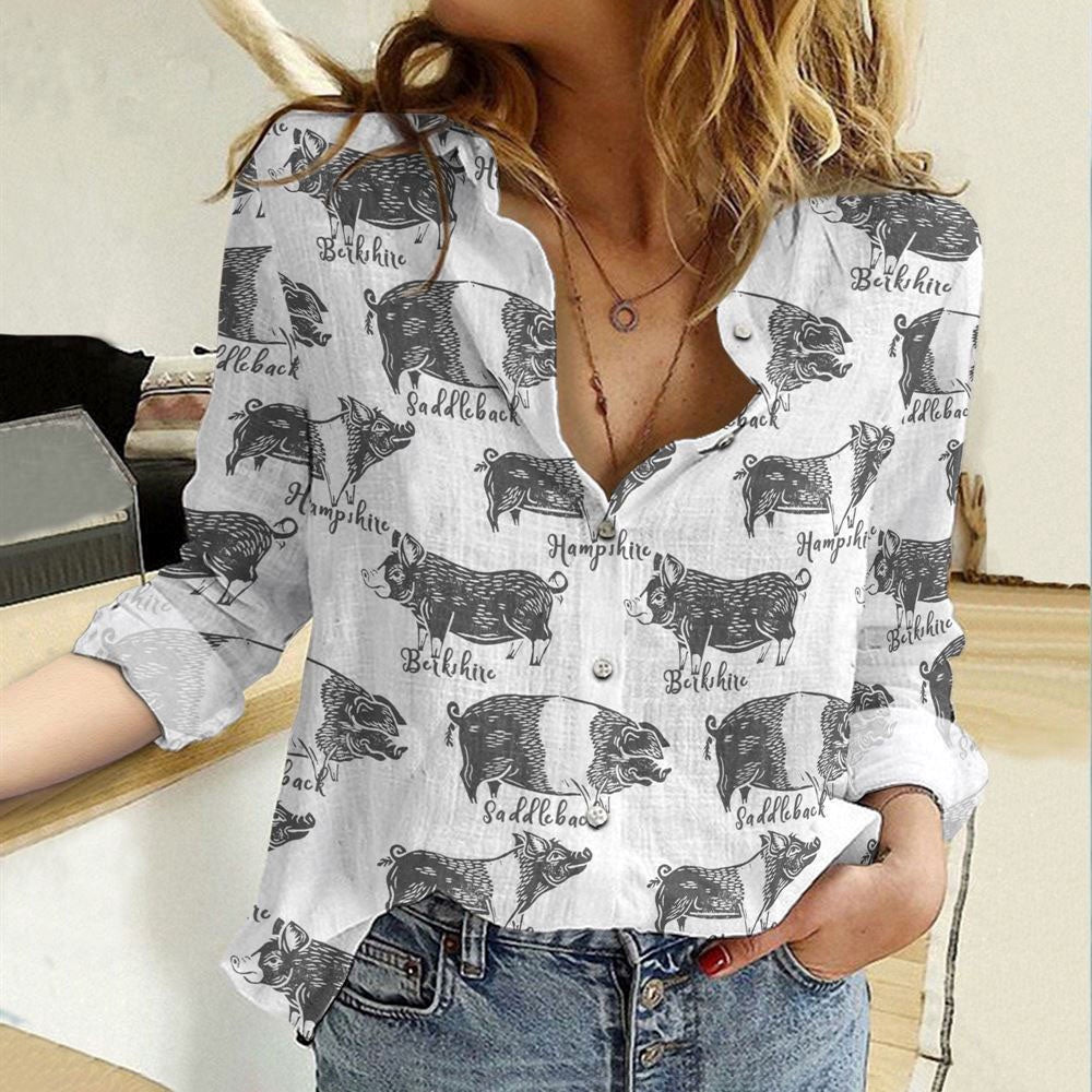 Women Casual Shirt, Cotton And Linen Farm Animal Saddleback Hampshire 3D Casual Shirt, Casual Shirt, Casual Shirts For Women