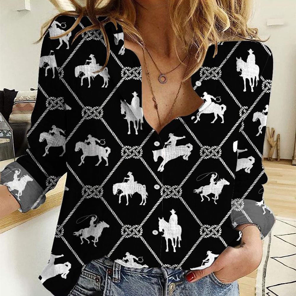 Women Casual Shirt, Cowboy Black And White Pattern 3D Casual Shirt, Casual Shirt, Casual Shirts For Women