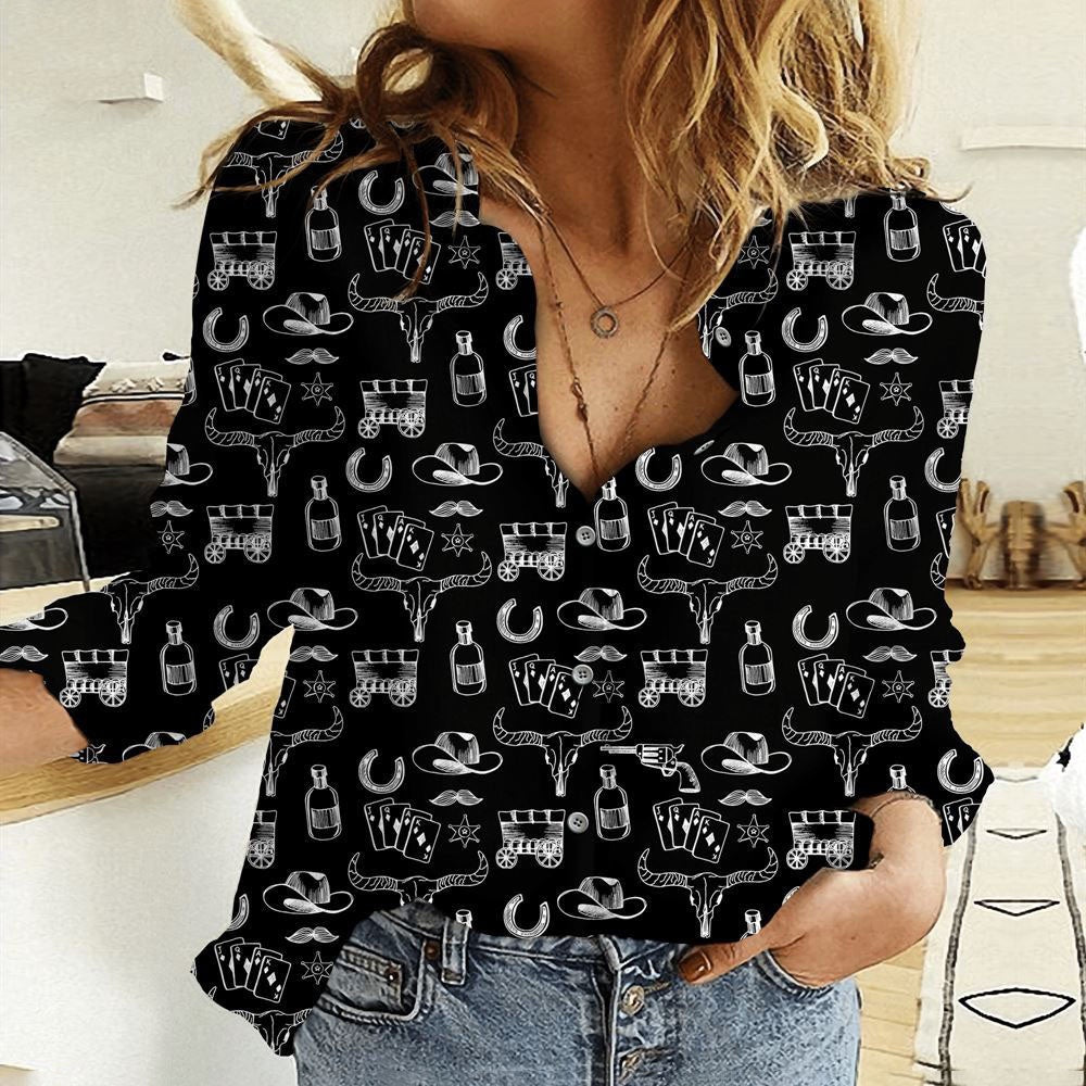 Women Casual Shirt, Cowboy Pattern Black 3D Casual Shirt, Casual Shirt, Casual Shirts For Women