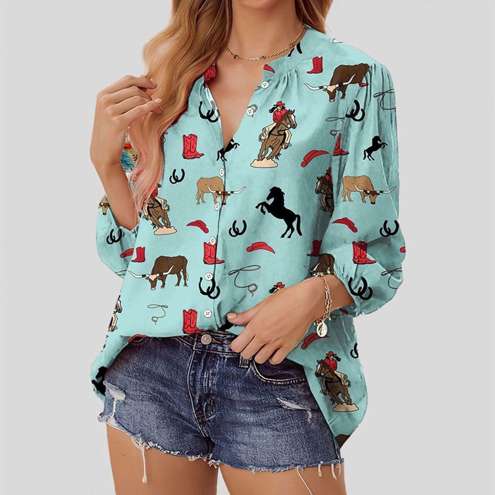 Women Casual Shirt, Cowgirl Horse Blue Casual V Neckline Half Sleeve Blouses, Casual Shirt, Casual Shirts For Women