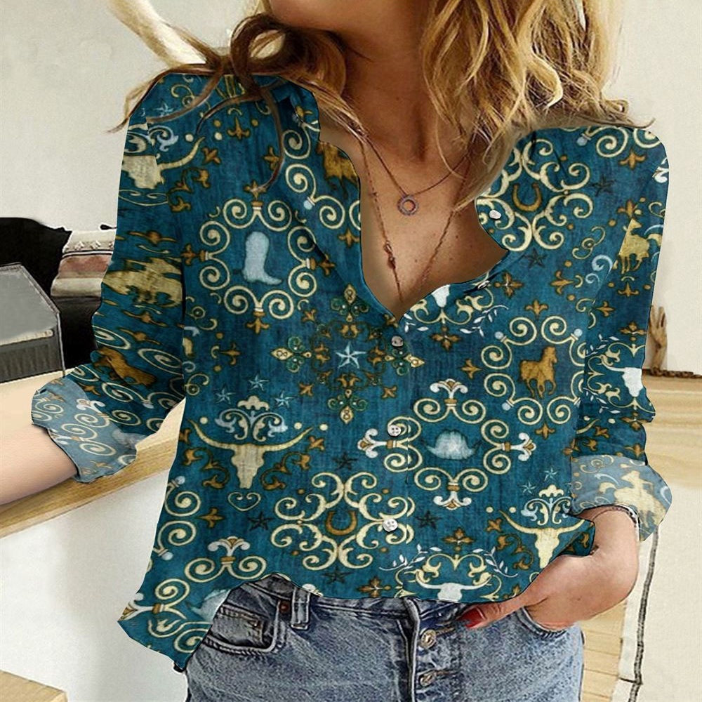 Women Casual Shirt, Cowgirl Pattern Blue 3D Casual Shirt, Casual Shirt, Casual Shirts For Women
