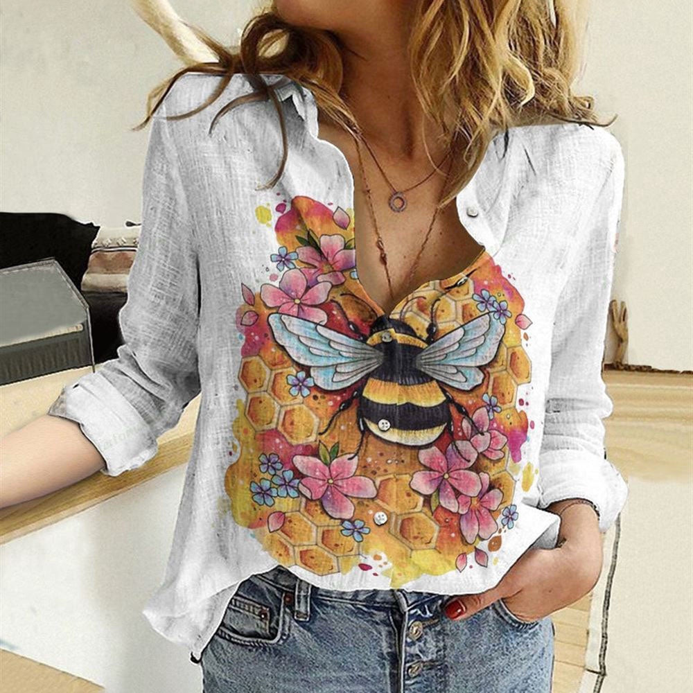 Women Casual Shirt, Flower Bee Art Casual Shirt, Casual Shirt, Casual Shirts For Women