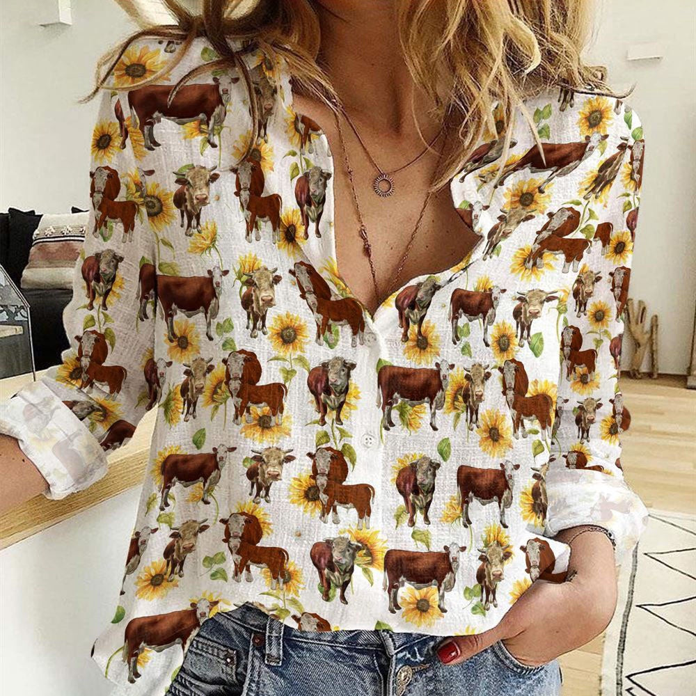 Women Casual Shirt, Hereford Sunflowers Pattern Casual Shirt, Casual Shirt, Casual Shirts For Women