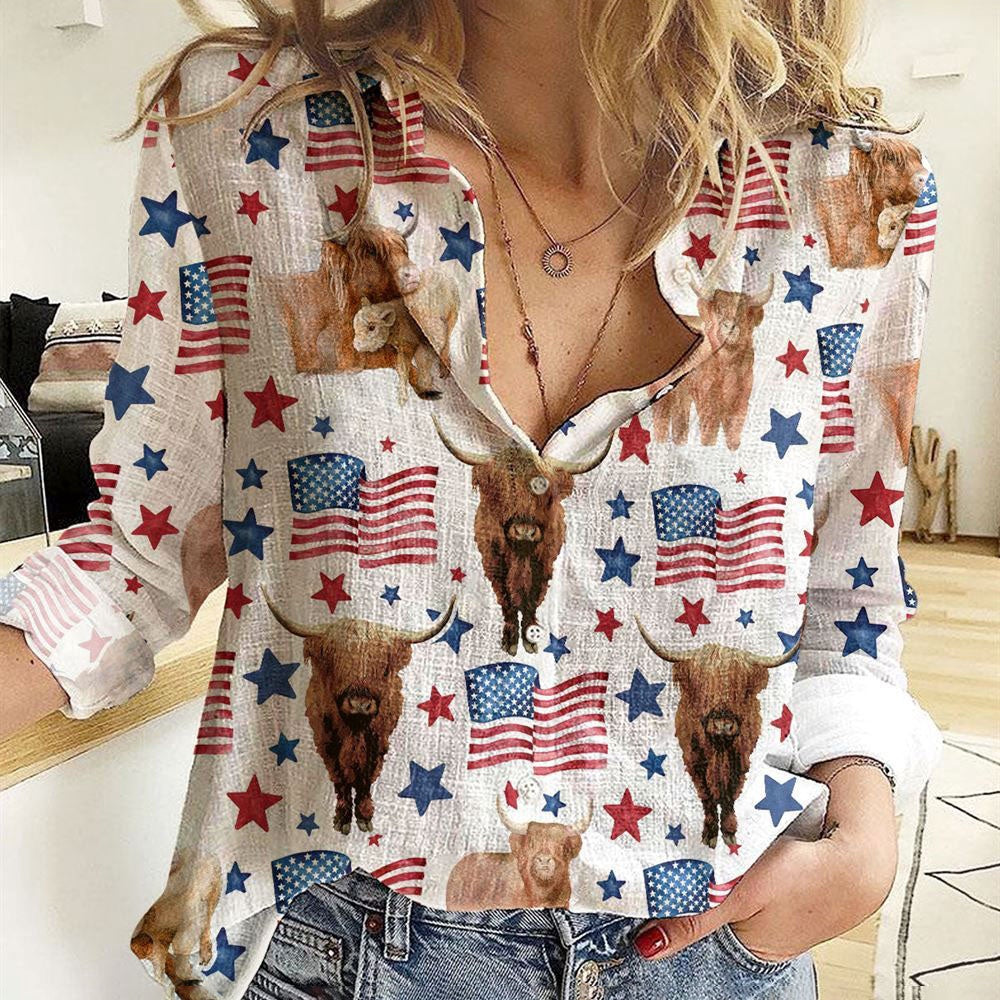 Women Casual Shirt, Highland Patriot Usa Flag Casual Shirt, Casual Shirt, Casual Shirts For Women