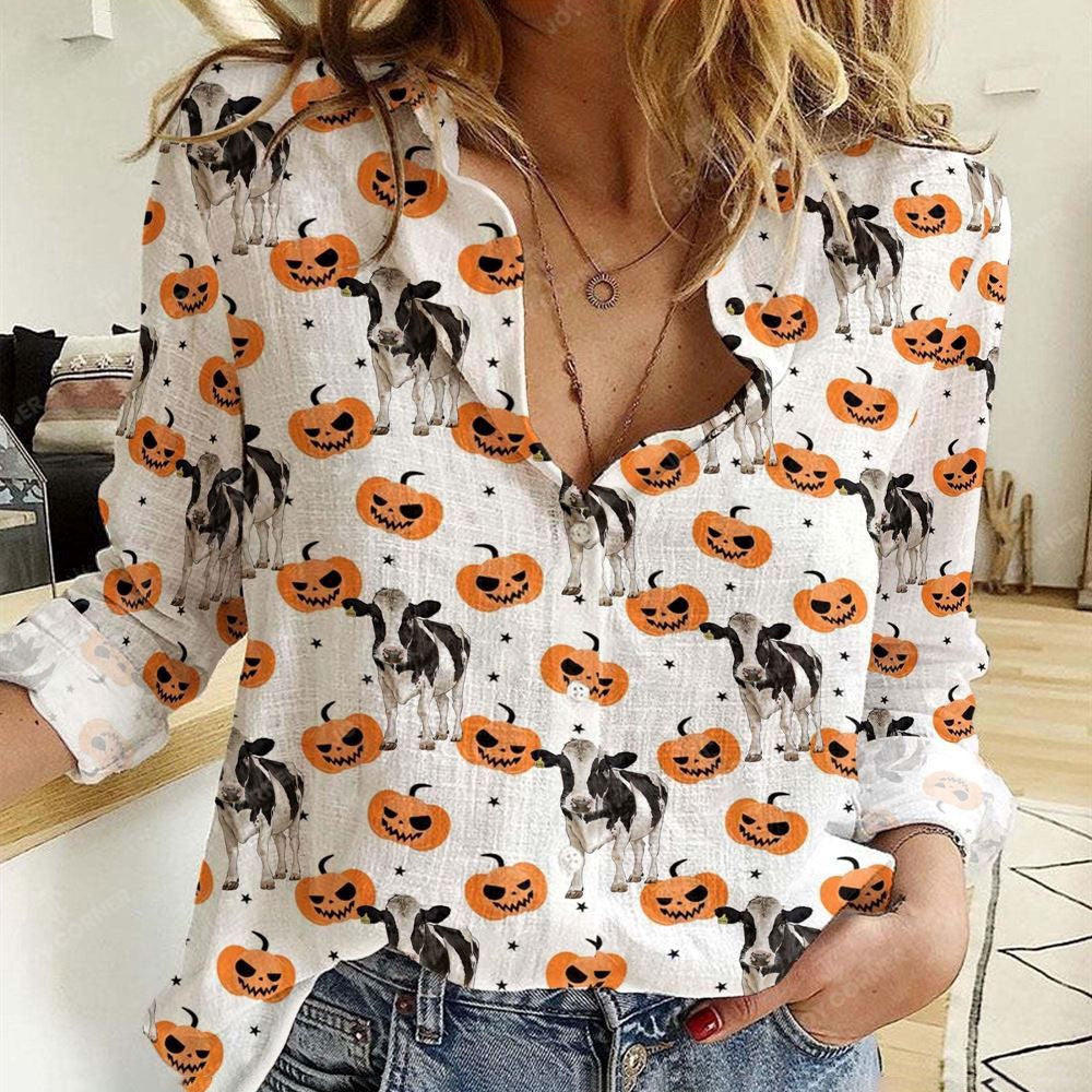 Women Casual Shirt, Holstein Halloween Pattern Casual Shirt, Casual Shirt, Casual Shirts For Women