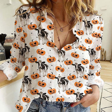 Women Casual Shirt, Holstein Halloween Pattern Casual Shirt, Casual Shirt, Casual Shirts For Women