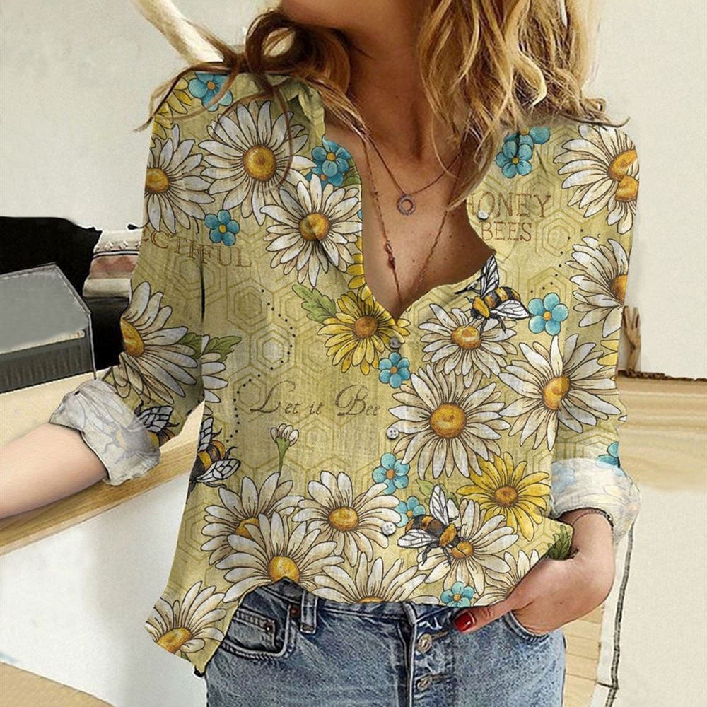 Women Casual Shirt, Honey Bee Flower Casual Shirt, Casual Shirt, Casual Shirts For Women