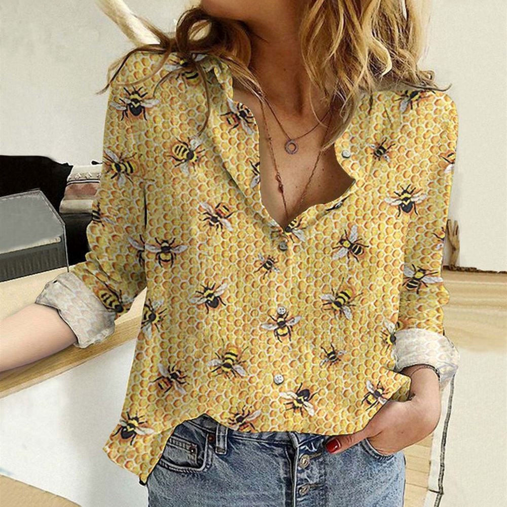 Women Casual Shirt, Honeycomb Bee Pattern Casual Shirt, Casual Shirt, Casual Shirts For Women