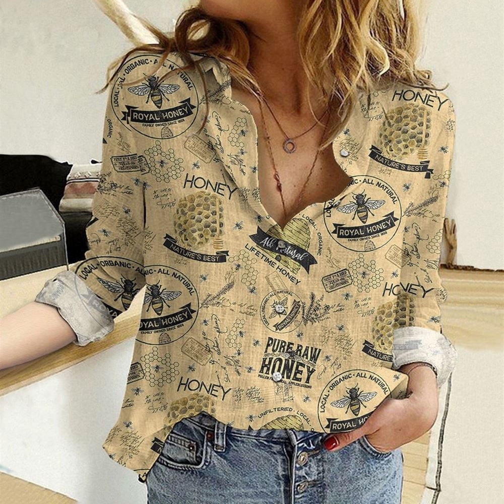 Women Casual Shirt, Honeycomb Vintage Pattern Casual Shirt, Casual Shirt, Casual Shirts For Women