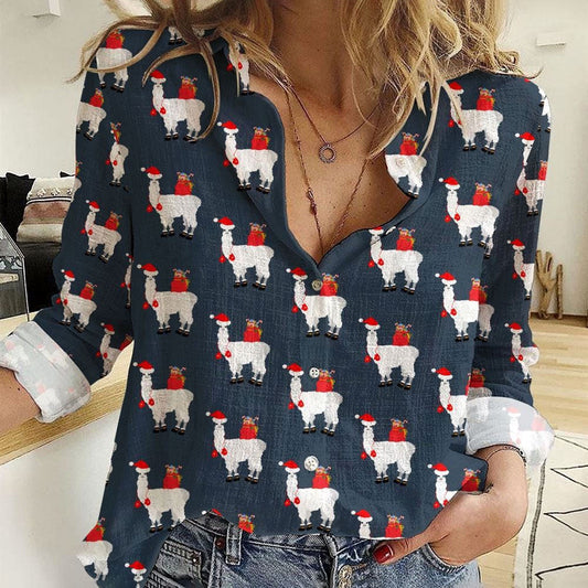 Women Casual Shirt, Llama In Santa Claus Casual Shirt, Casual Shirt, Casual Shirts For Women