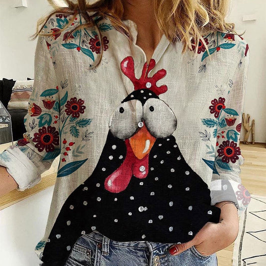 Women Casual Shirt, Lovely Chicken Floral Pattern Casual Shirt, Casual Shirt, Casual Shirts For Women
