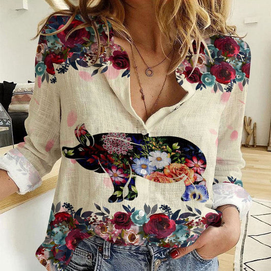 Women Casual Shirt, Pig Floral Pattern Casual Shirt, Casual Shirt, Casual Shirts For Women