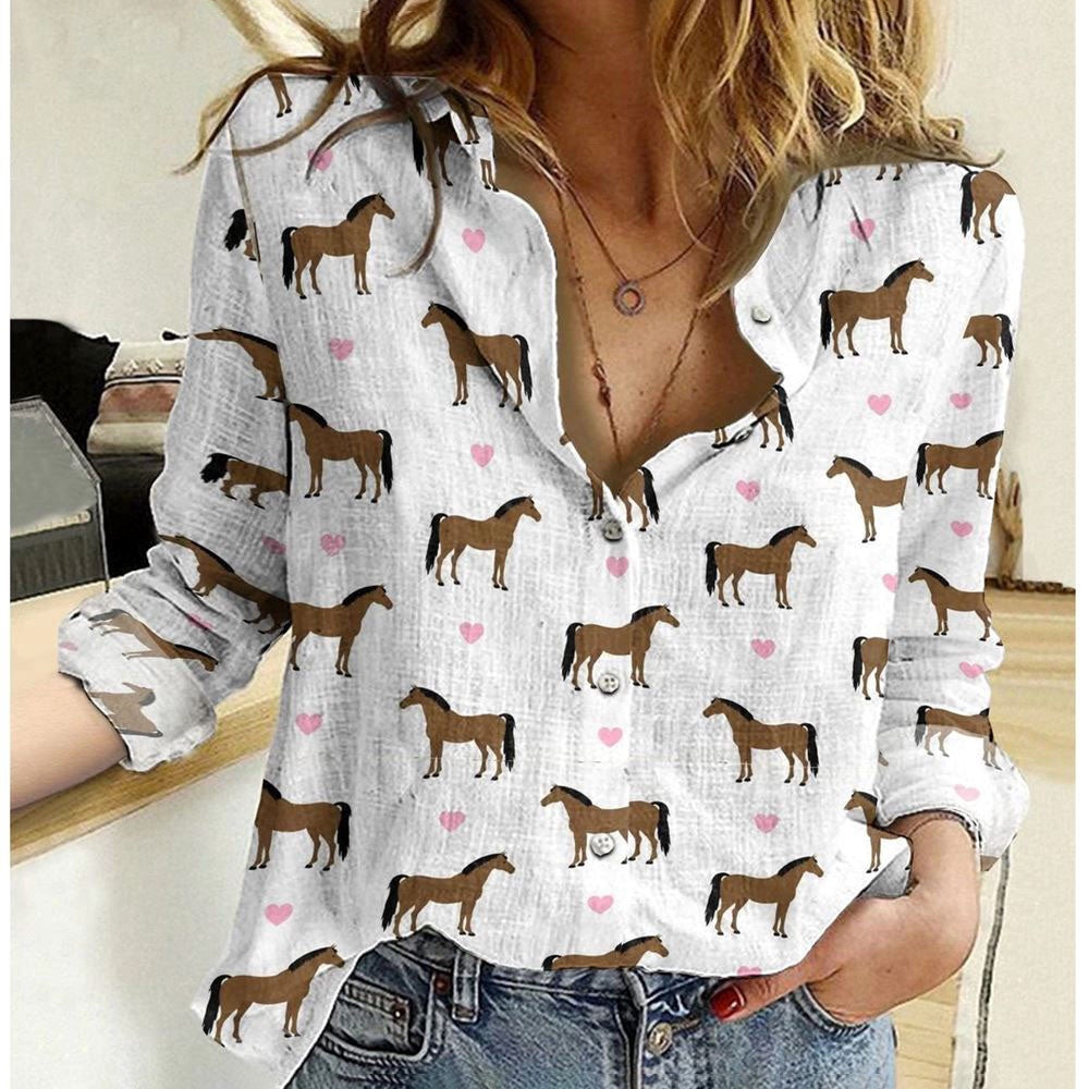 Women Casual Shirt, Pink Heart Pattern Horses 3D Casual Shirt, Casual Shirt, Casual Shirts For Women