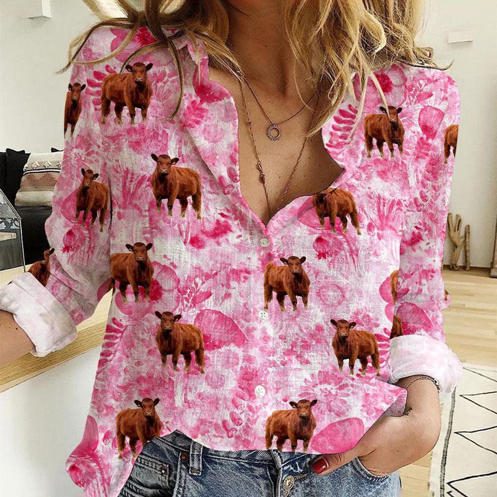 Women Casual Shirt, Red Angus Pink Flower Bg Casual Shirt, Casual Shirt, Casual Shirts For Women
