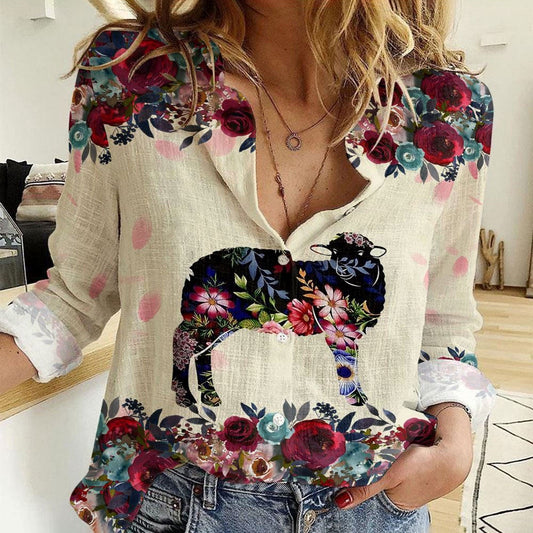 Women Casual Shirt, Sheep Floral Pattern Casual Shirt, Casual Shirt, Casual Shirts For Women