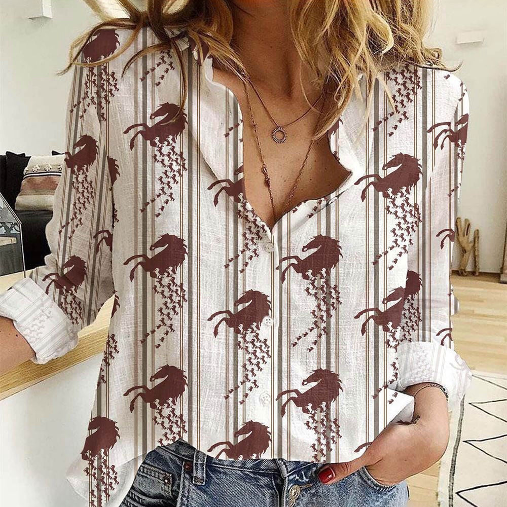 Women Casual Shirt, Striped Pattern Horses 3D Casual Shirt, Casual Shirt, Casual Shirts For Women