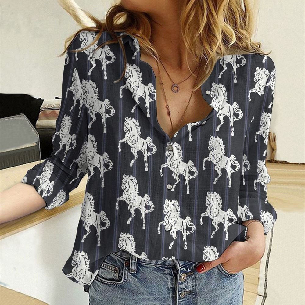 Women Casual Shirt, Striped Pattern White Horses 3D Casual Shirt, Casual Shirt, Casual Shirts For Women