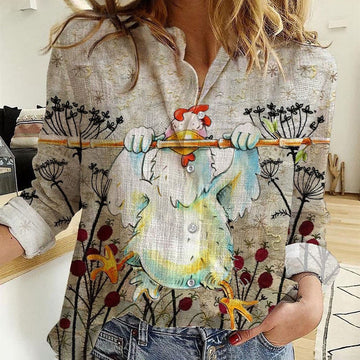 Women Casual Shirt, Stronger Chicken Floral Pattern Casual Shirt, Casual Shirt, Casual Shirts For Women