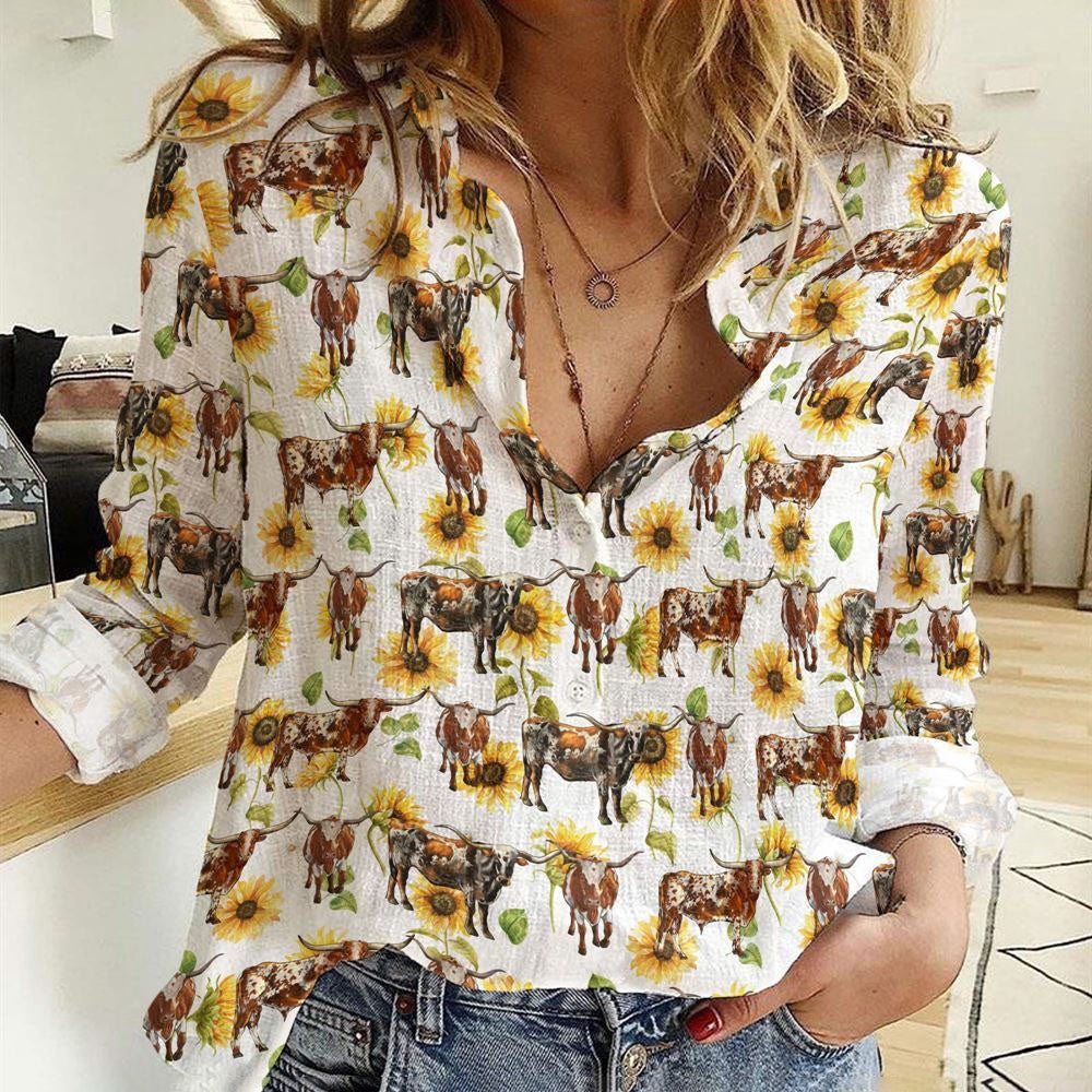 Women Casual Shirt, Texas Longhorn Sunflowers Pattern Casual Shirt, Casual Shirt, Casual Shirts For Women