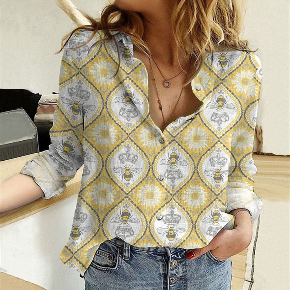 Women Casual Shirt, Yellow Queen Bee Casual Shirt, Casual Shirt, Casual Shirts For Women