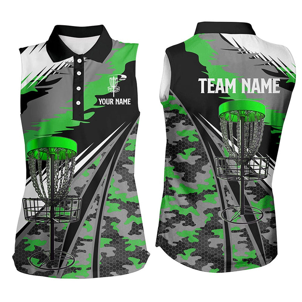 Women Disc Golf Sleeveless Polo Shirts Custom Green Camo Disc Golf Basket Team Disc Golf Outfit, Women Golf Shirts