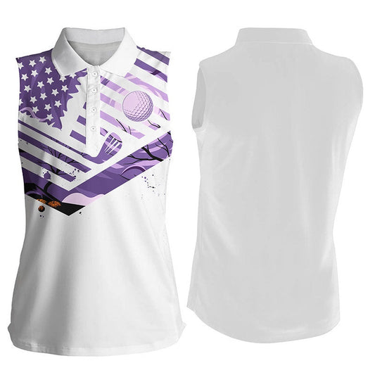 Women Sleeveless Golf Polo Shirt Purple American Flag Halloween White Golf Shirt, Women Golf Shirts