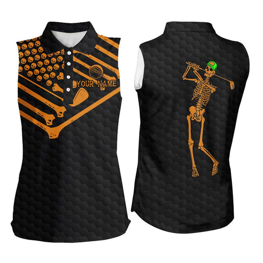 Women Sleeveless Golf Polo Shirt Skeleton American Flag Custom Black And Orange Halloween Shirts, Women Golf Shirts