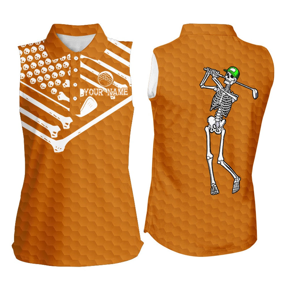 Women Sleeveless Golf Polo Shirt Skeleton American Flag Custom White And Orange Halloween Shirts, Women Golf Shirts