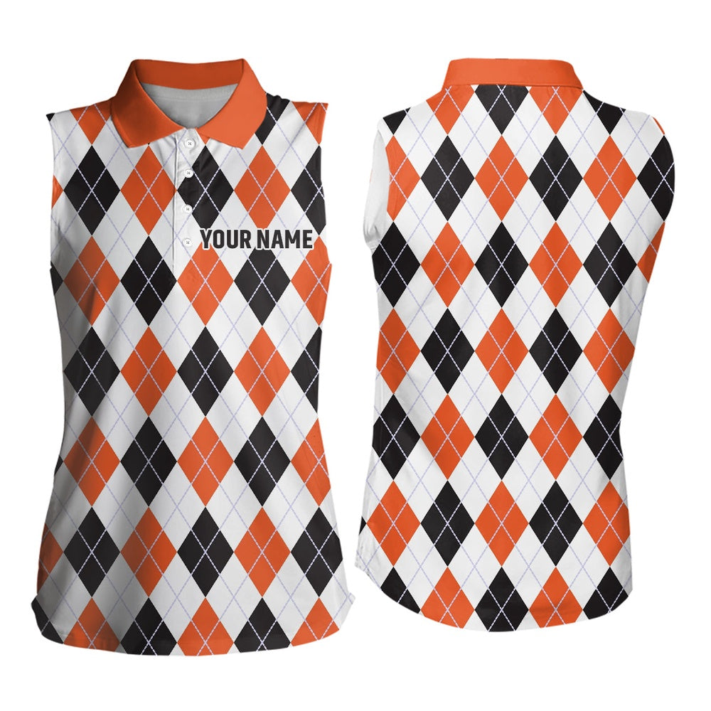 Women Sleeveless Polo Shirt Custom Argyle Plaid Halloween Pattern Golf Attire, Golf Gifts, Women Golf Shirts