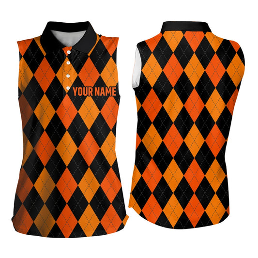 Women Sleeveless Polo Shirt Custom Orange, Black Argyle Plaid Halloween Pattern Golf Attire For Ladies, Women Golf Shirts