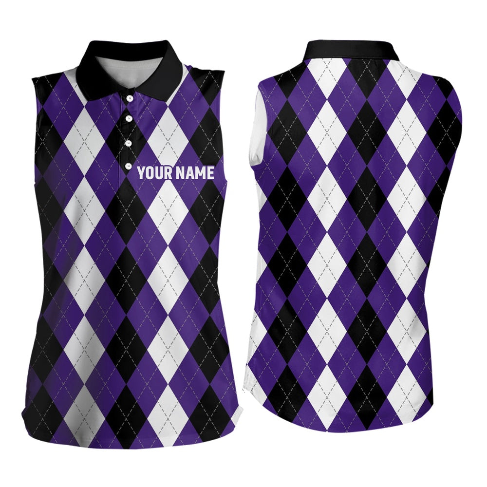 Women Sleeveless Polo Shirt Custom Purple Argyle Plaid Halloween Pattern Golf Attire, Women Golf Shirts