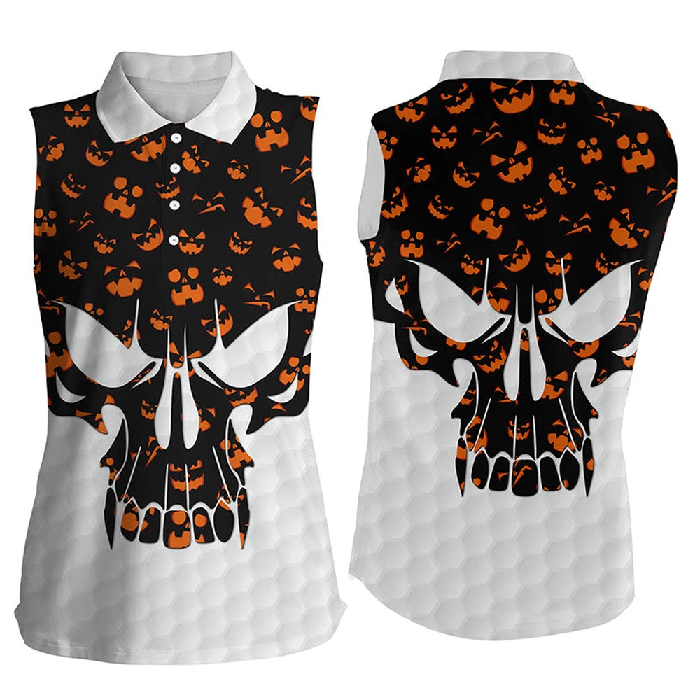 Women Sleeveless Polo Shirt Halloween Pattern Skull Golf Ball Shirt, Ladies Golf Wear, Women Golf Shirts