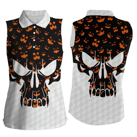 Women Sleeveless Polo Shirt Halloween Pattern Skull Golf Ball Shirt, Ladies Golf Wear, Women Golf Shirts