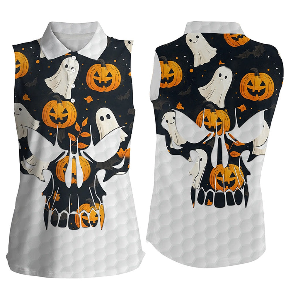 Women Sleeveless Polo Shirt Halloween Pumpkin Pattern Skull Golf Ball Jerseys, Ladies Golf Tops, Women Golf Shirts