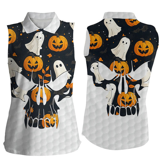 Women Sleeveless Polo Shirt Halloween Pumpkin Pattern Skull Golf Ball Jerseys, Ladies Golf Tops, Women Golf Shirts