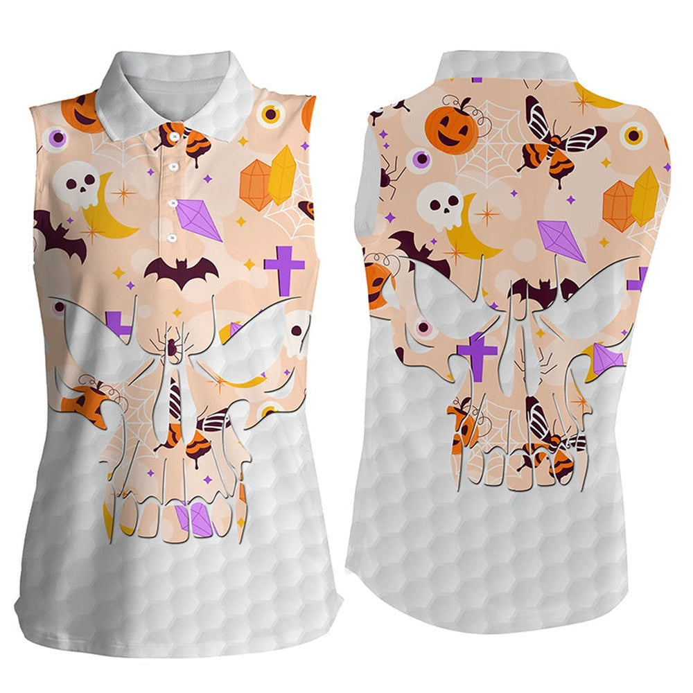 Women Sleeveless Polo Shirt Orange Halloween Pattern Skull Golf Ball Shirt, Ladies Golf Wear, Women Golf Shirts