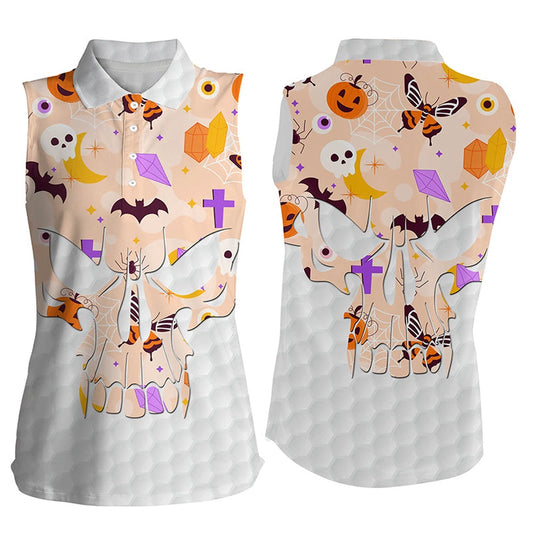 Women Sleeveless Polo Shirt Orange Halloween Pattern Skull Golf Ball Shirt, Ladies Golf Wear, Women Golf Shirts