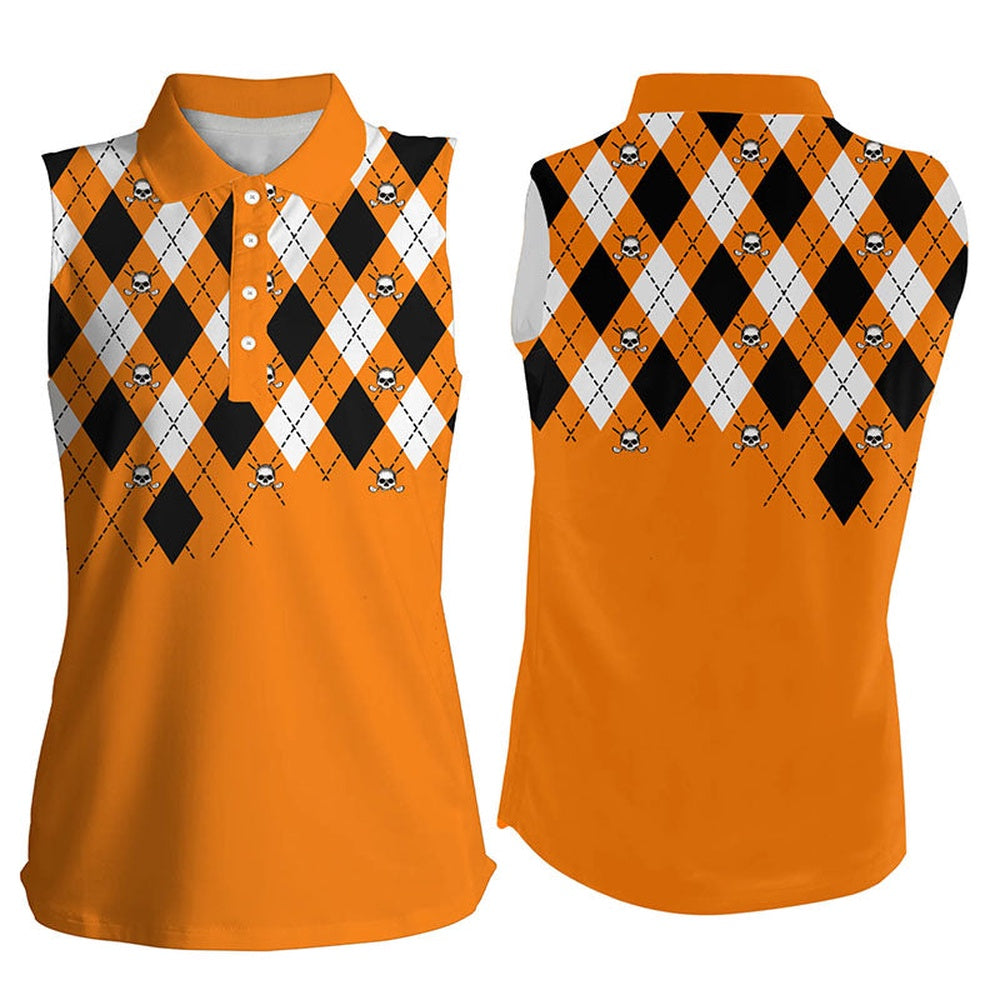 Women Sleeveless Polo Shirt Plus Size Orange Argyle Plaid Golf Skull Pattern Ladies Halloween Golf Top, Women Golf Shirts