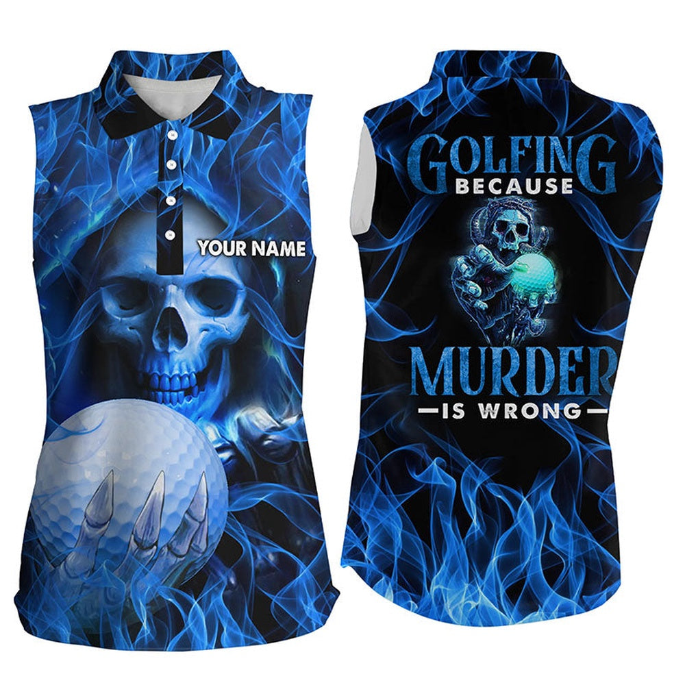 Womens Blue Skull Sleeveless Golf Shirts Personalized Skull Golf Shirt Halloween Golf Gifts, Women Golf Shirts