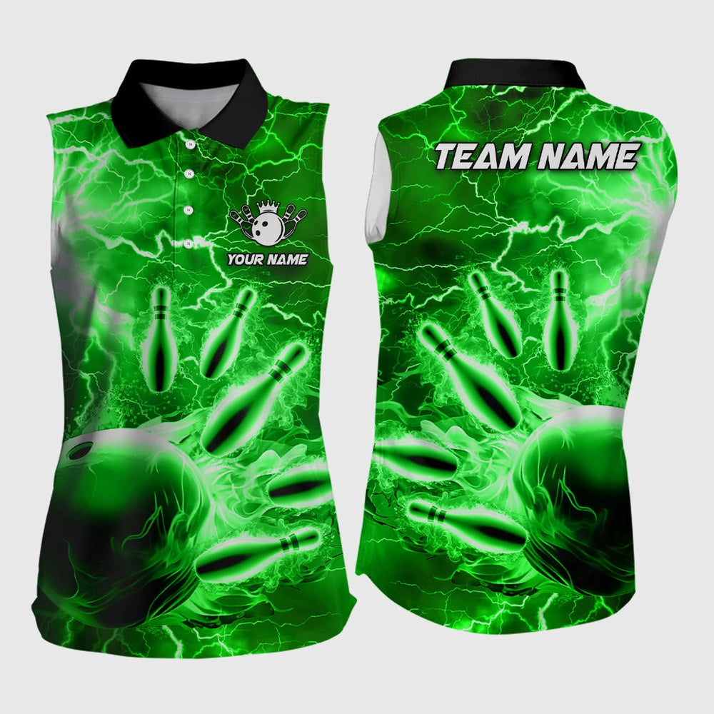 Womens Bowling Sleeveless Polo Shirts Custom Green Lightning Thunder Bowling Team Polo, Women Bowling Shirts