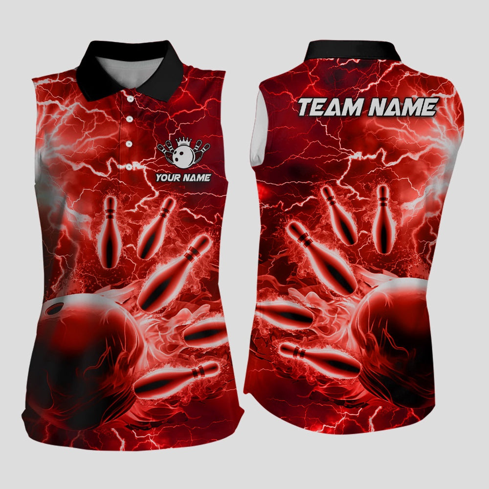 Womens Bowling Sleeveless Polo Shirts Custom Red Lightning Thunder Bowling Team Polo, Women Bowling Shirts