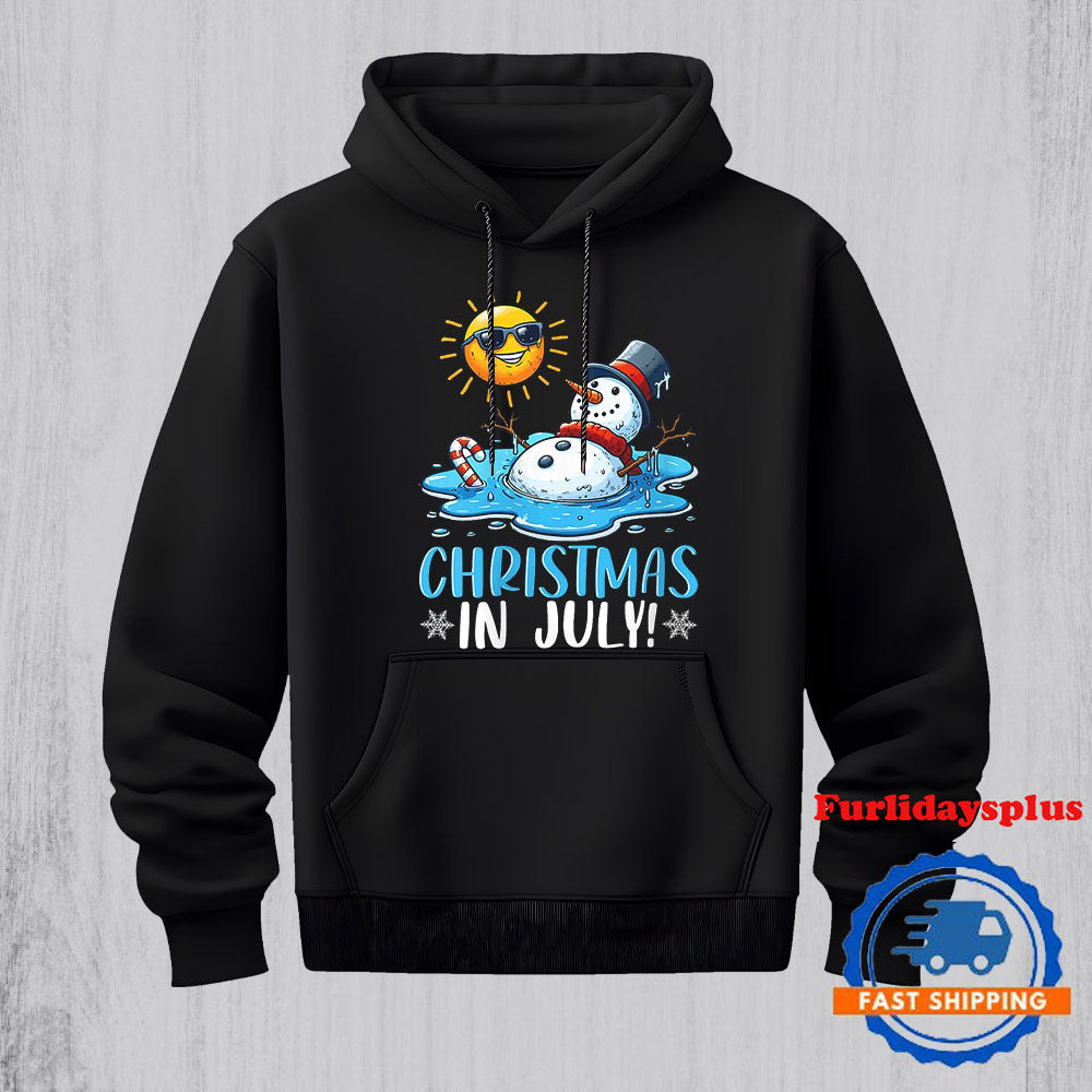Womens Christmas In July Snowman Melting Beach Summer Vacation Xmas Hoodie, Christmas T Shirt, Christmas Sweatshirt