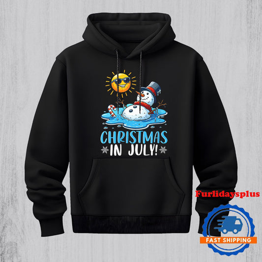 Womens Christmas In July Snowman Melting Beach Summer Vacation Xmas Hoodie, Christmas T Shirt, Christmas Sweatshirt