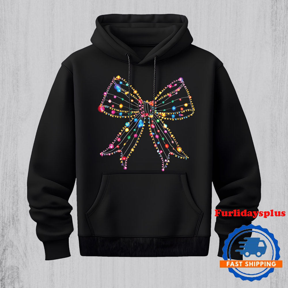 Womens Cute Christmas Lights Coquette Bow Preppy Christmas Graphic Hoodie, Christmas T Shirt, Christmas Sweatshirt