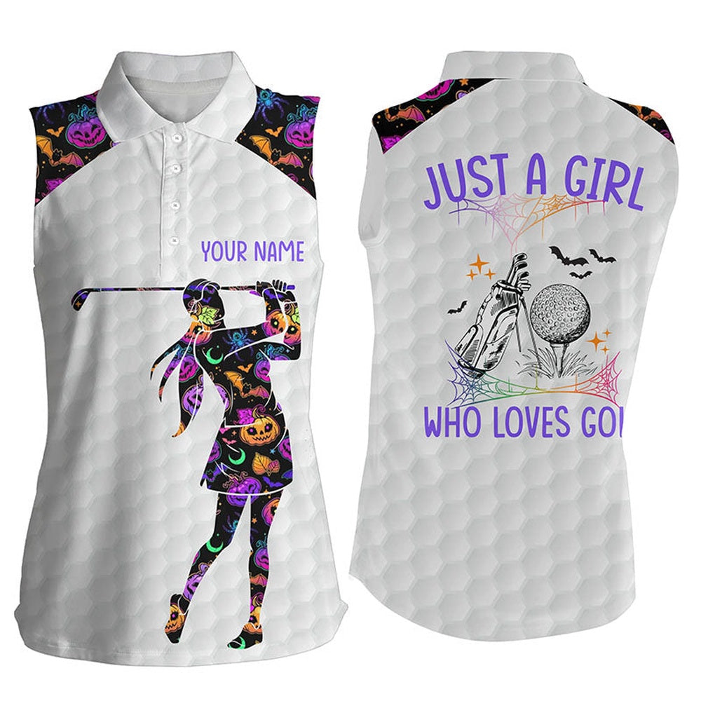 Womens Halloween Sleeveless Golf Shirt Multicolor Pumpkins And Bats Golf Shirts, Golf Gifts, Women Golf Shirts