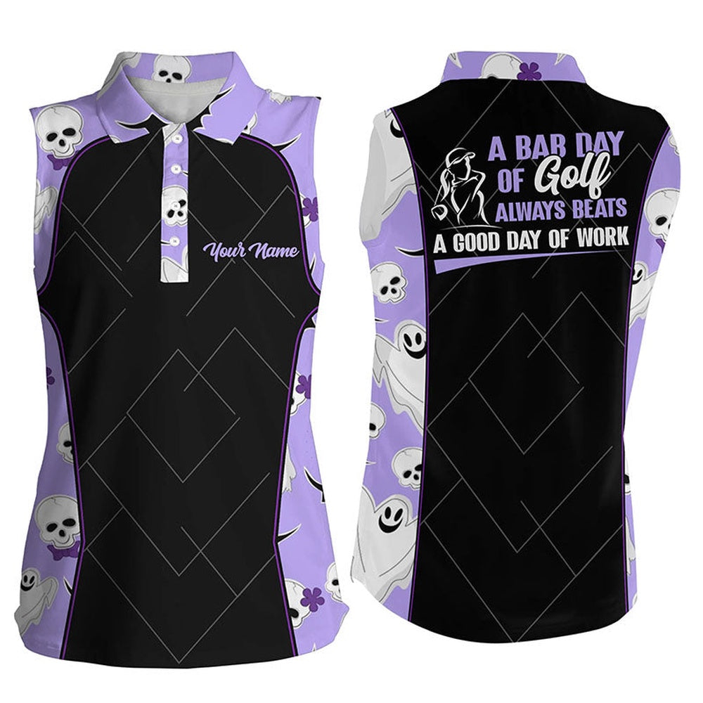 Womens Purple Halloween Sleeveless Golf Shirt Halloween With Skulls And Ghosts Golf Shirts, Women Golf Shirts
