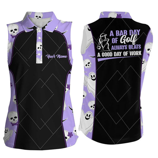 Womens Purple Halloween Sleeveless Golf Shirt Halloween With Skulls And Ghosts Golf Shirts, Women Golf Shirts