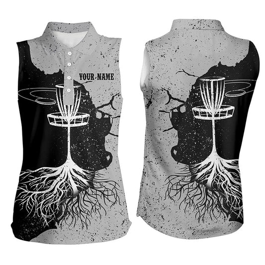 Womens Sleeveless Disc Golf Polo Shirt Custom Black And Grey Disc Golf Basket Disc Golf Tops, Women Golf Shirts