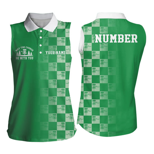 Womens Sleeveless Disc Golf Polo Shirt Gradient Green White Checkered Custom Disc Golf Tops, Women Golf Shirts